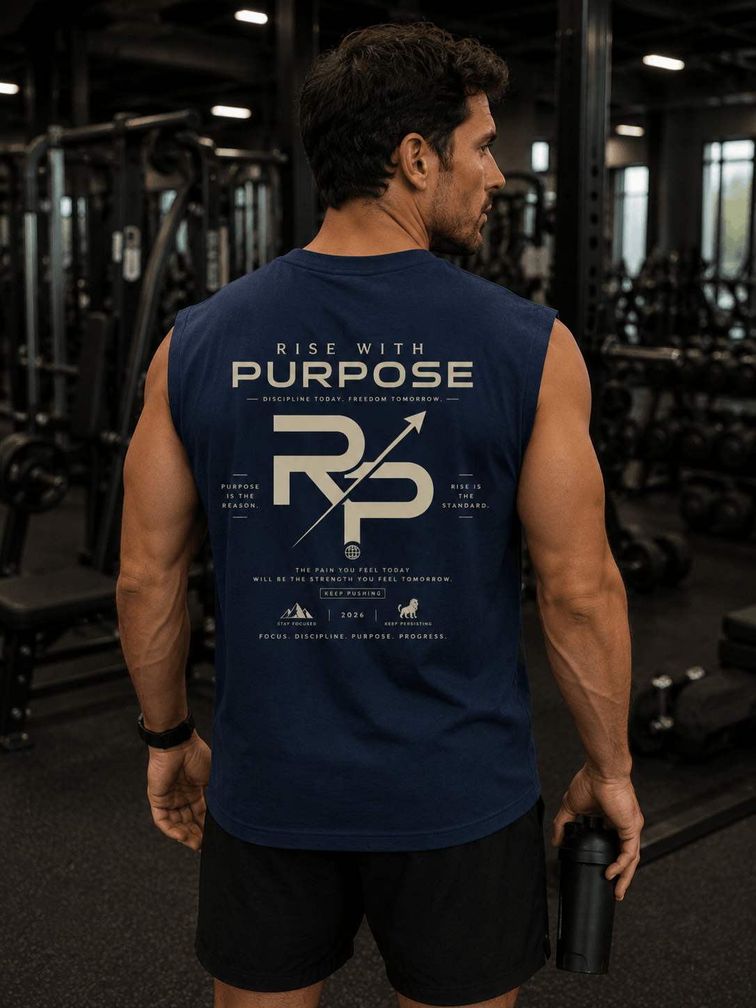 Men's Performance Tank Top blue version worn for gym training and outdoor runs.