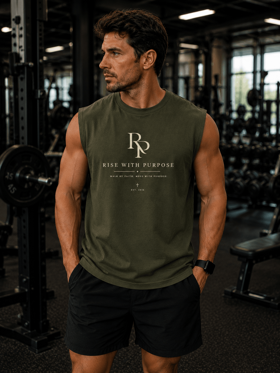 Men's Performance Tank Top in black showing front view on white background.