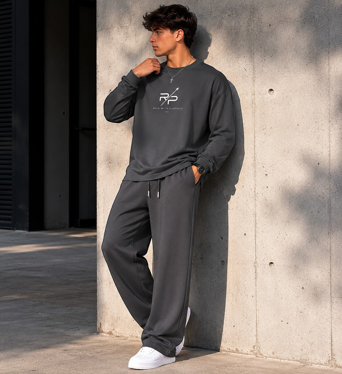 Shop our men's oversized drop shoulder crew neck shirt in cool gray. Soft 100% cotton with a relaxed streetwear fit. Available in all sizes.

Men's oversized cool gray cotton crew neck drop shoulder shirt, relaxed streetwear fit, front view
