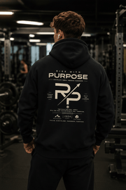 Essential heavyweight hoodie black version back view with ribbed hem and kangaroo pocket.
