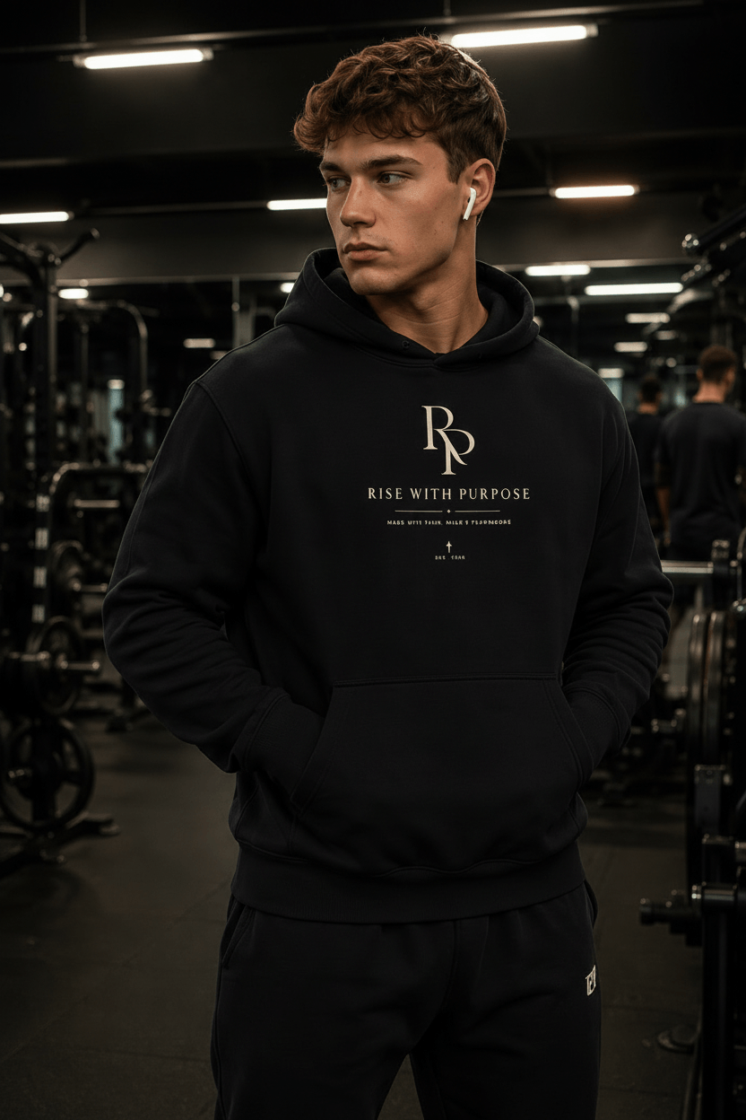 Essential heavyweight hoodie front view on model showcasing structured hood and relaxed silhouette.