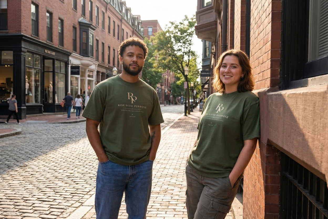 Two people wearing green t-shirts with a logo on a city street.