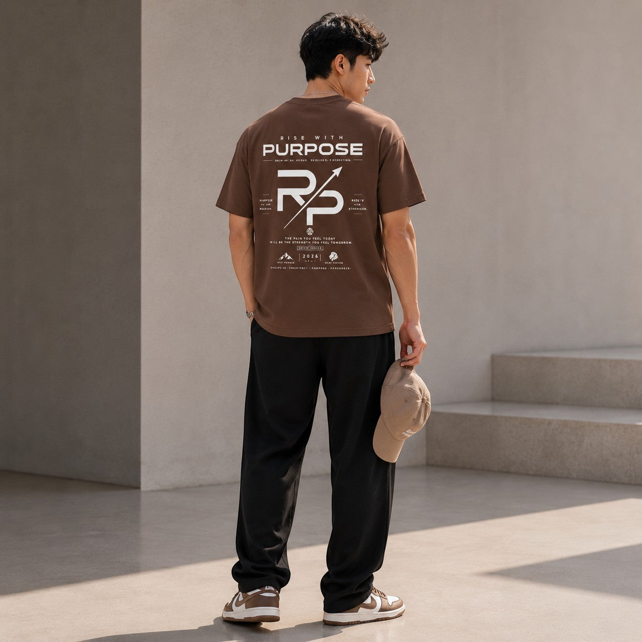 Rise With Purpose brown Sorona t-shirt with graphic print on back, worn by a man holding a cap.