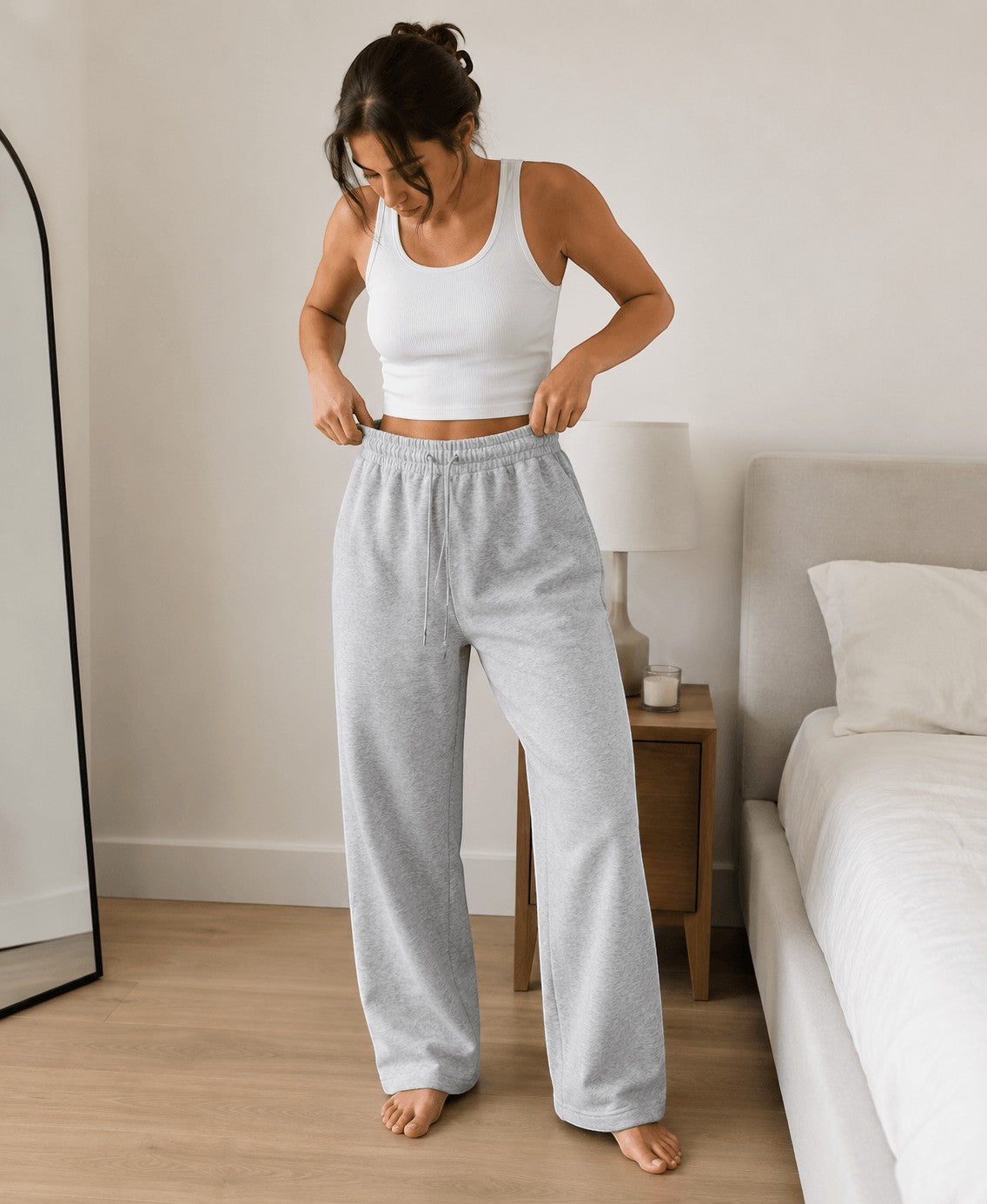 Rise With Purpose heather grey relaxed fit wide leg sweatpants made from a cotton blend with elastic waistband and drawstring.
