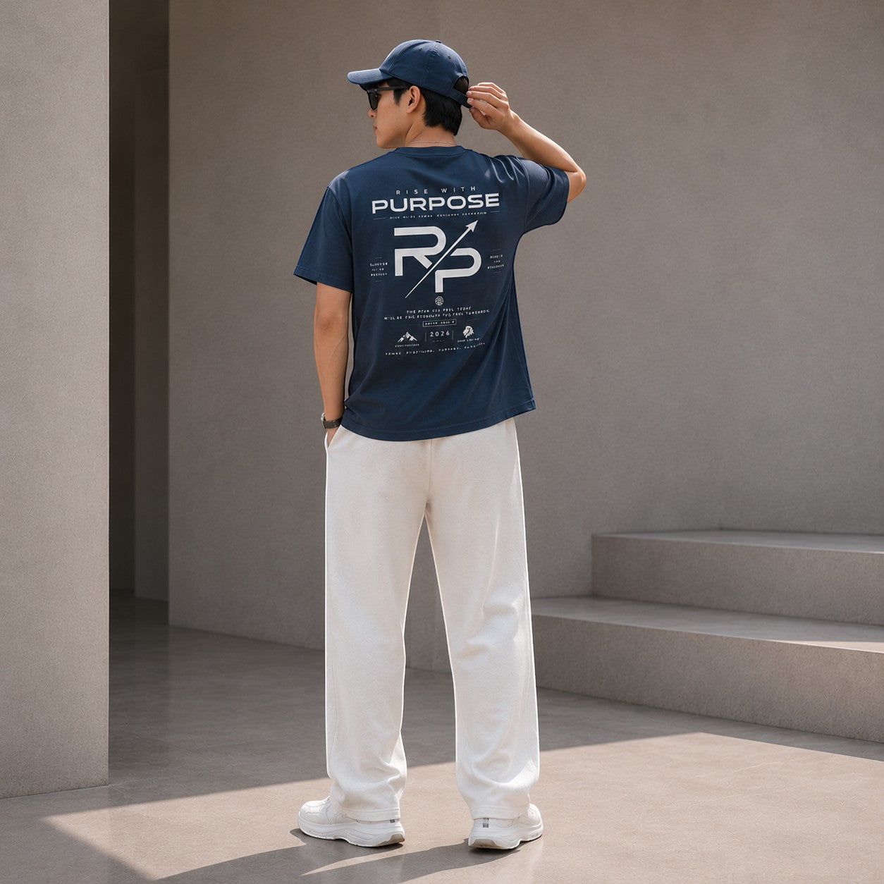 Rise With Purpose navy blue cotton graphic t-shirt with white "RP" logo and slogan on back. Model wears a cap.