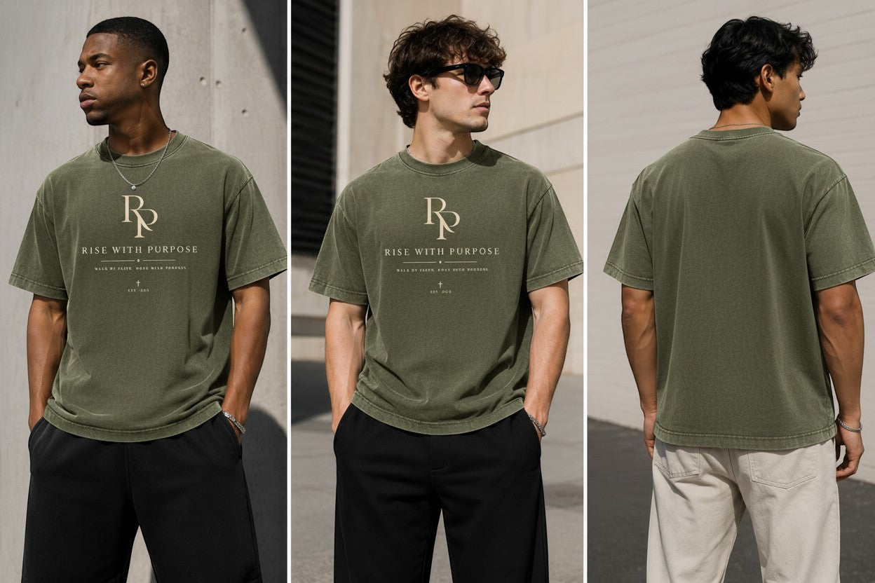 Rise With Purpose oversized heavyweight vintage t-shirt in army green, made from 100% cotton with a relaxed fit and drop shoulders.