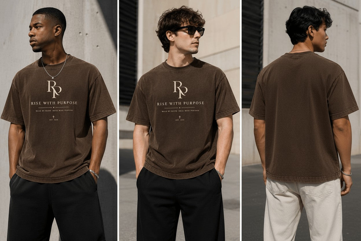 Rise With Purpose oversized heavyweight vintage t-shirt in coffee brown cotton with drop shoulders and a distressed logo graphic.