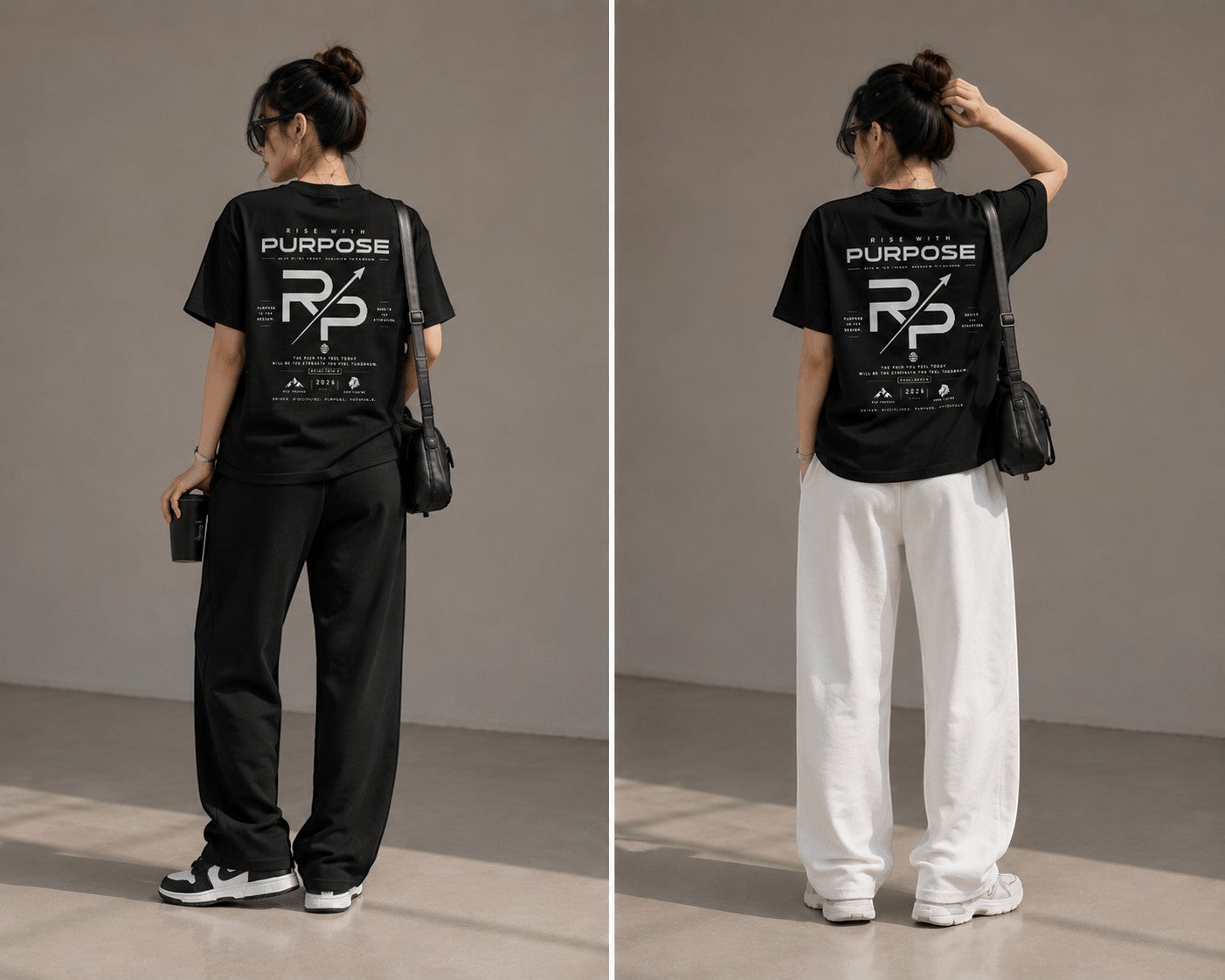 Rise With Purpose black Sorona t-shirt with graphic print on back, worn by a woman with loose-fitting pants.