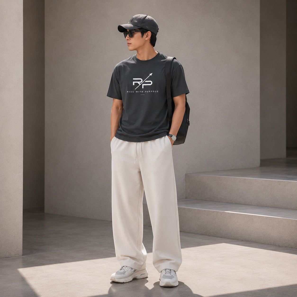 Rise With Purpose dark grey Sorona t-shirt with white graphic logo, worn by a man with light beige pants and a baseball cap.