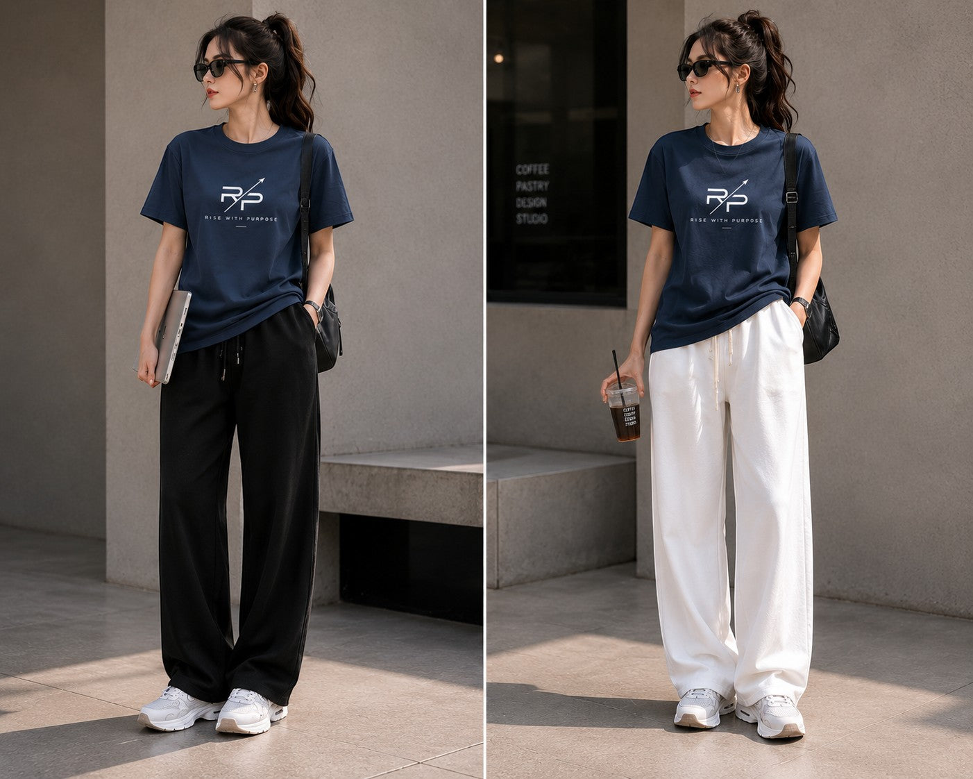 Rise With Purpose navy blue Sorona t-shirt with graphic logo, worn by a woman with loose-fitting black or white pants.